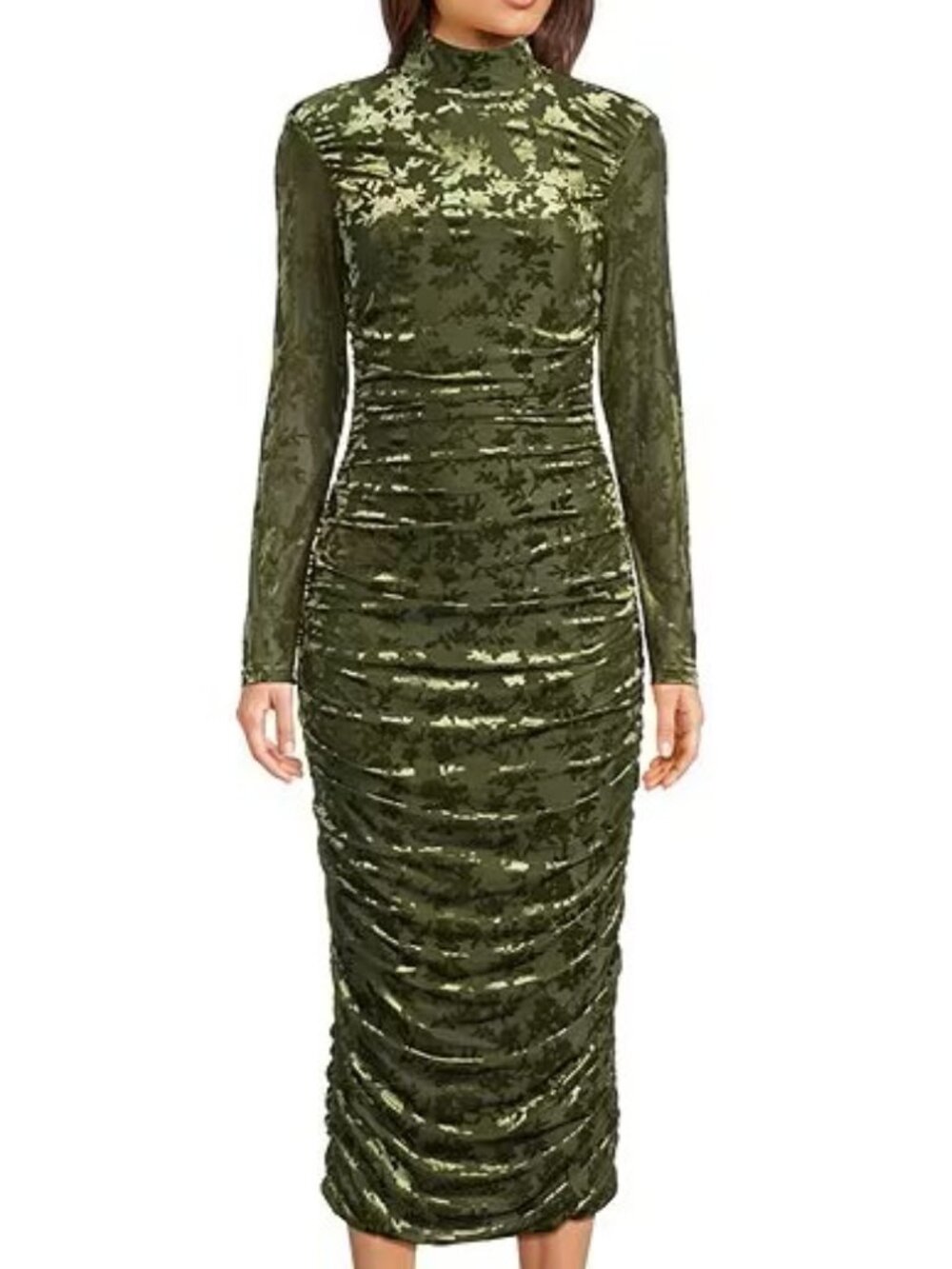 NWT! Badgley Mischka Kendall Velvet Burnout Ruched Long Sleeve Bodycon Dress 0 - Picture 3 of 9